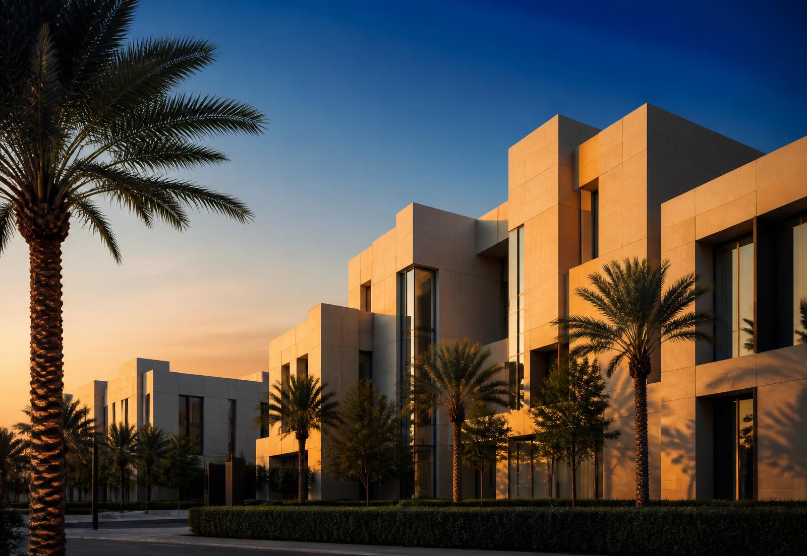 Contemporary low-rise business district offices in Sharjah at golden hour